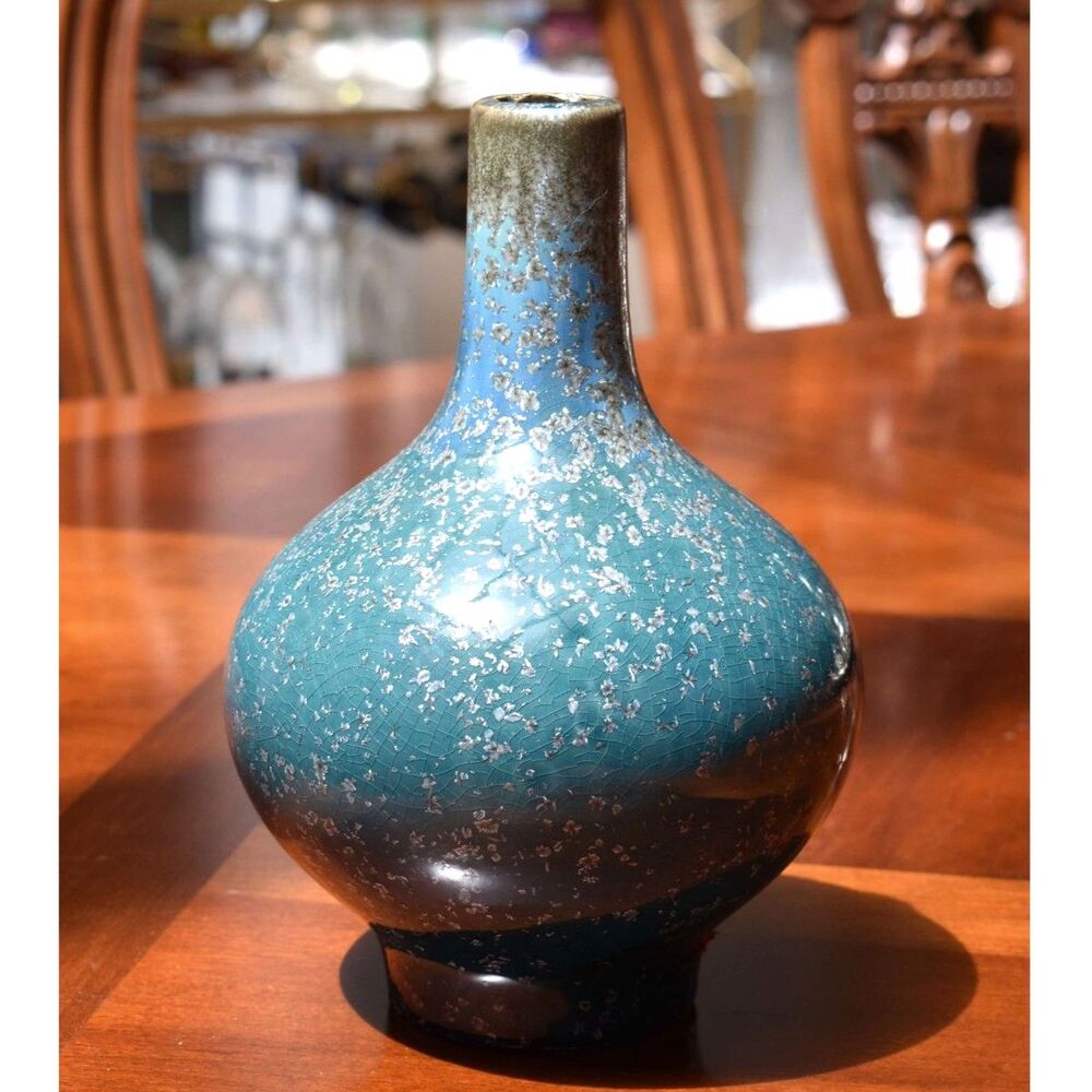 West Elm Reactive Glaze Teal Blue Bottle Vase Crackle Speckle Earthenware - 8"